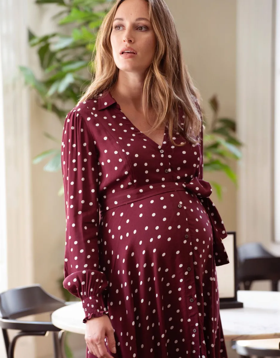 Discount Bordeauxrode Hemdjurk Voor Zwangerschap En Borstvoeding Met Polkadotstippen Vrouw Jurken